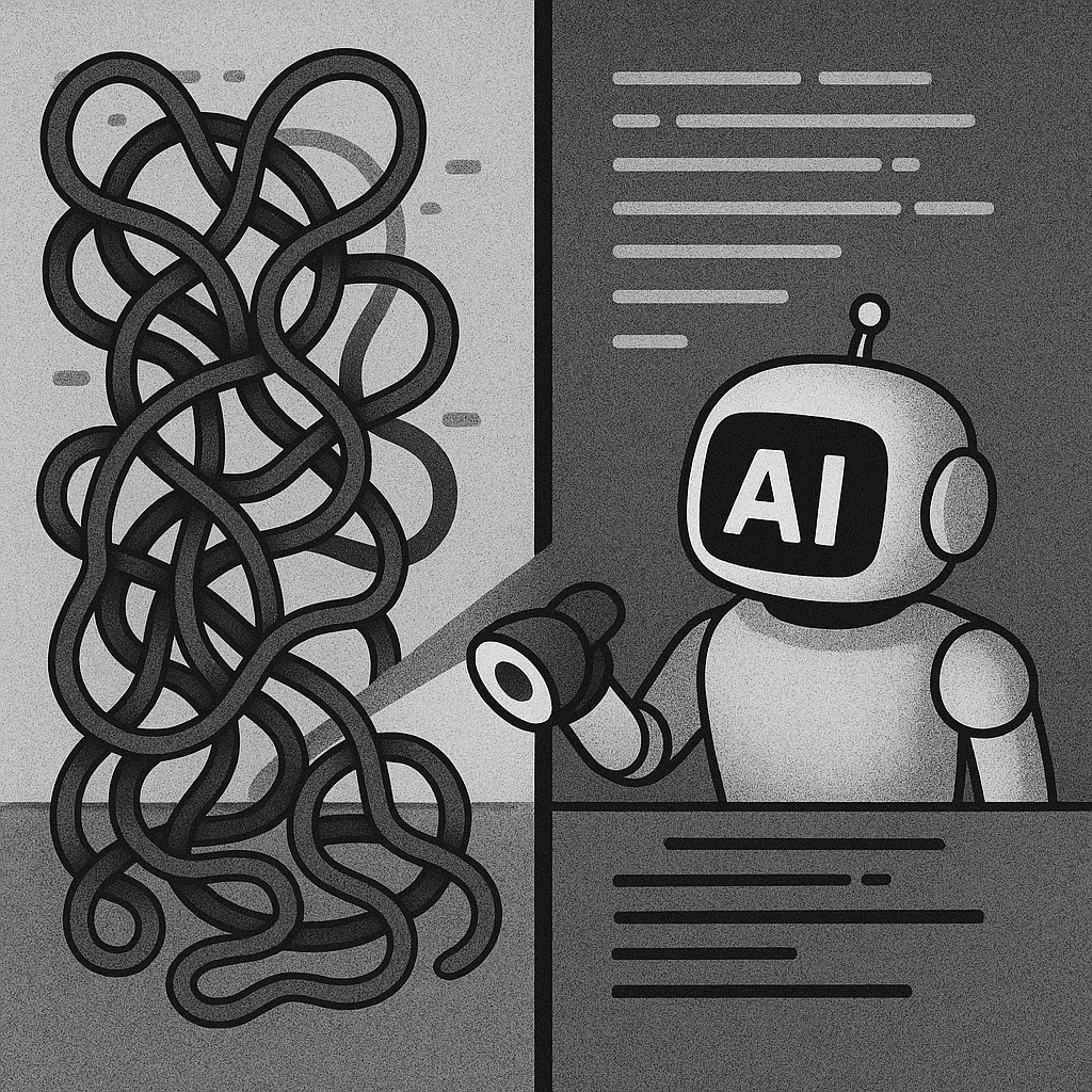 A black-and-white split illustration showing an AI robot lost in a tangle of chaotic code vines on the left while on the right it scans clean, orderly lines of code with ease.