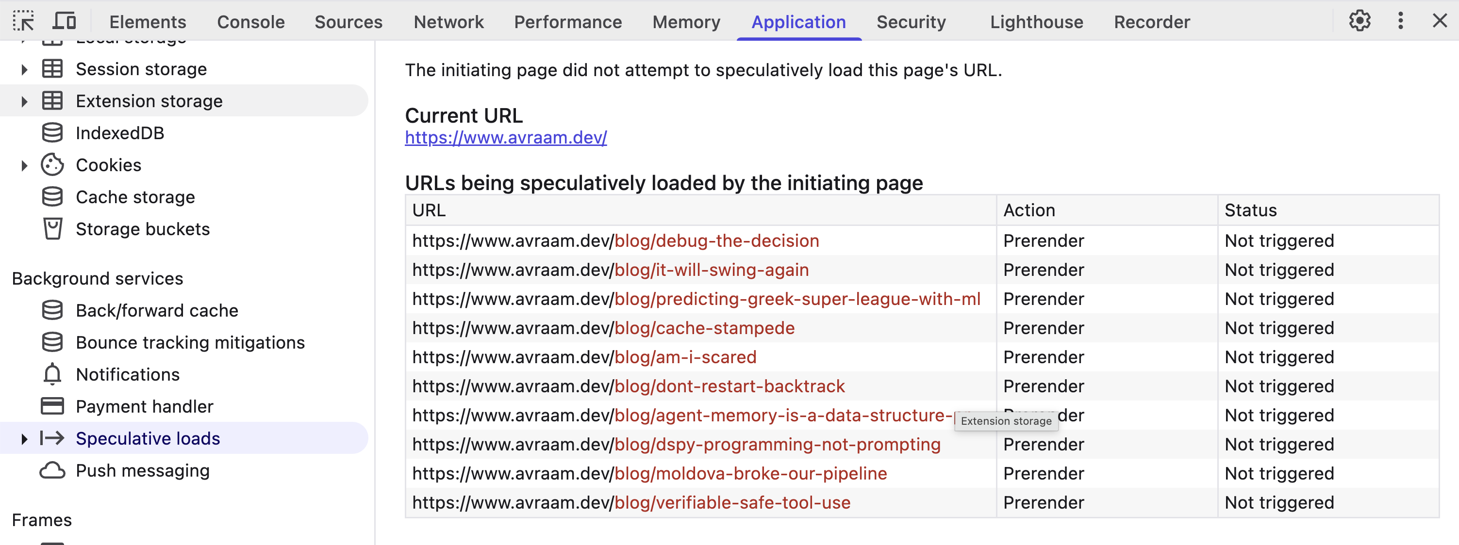 Chrome DevTools Application panel showing Speculative loads. All blog post URLs are listed with Action "Prerender" and Status "Not triggered", waiting for the user to hover.