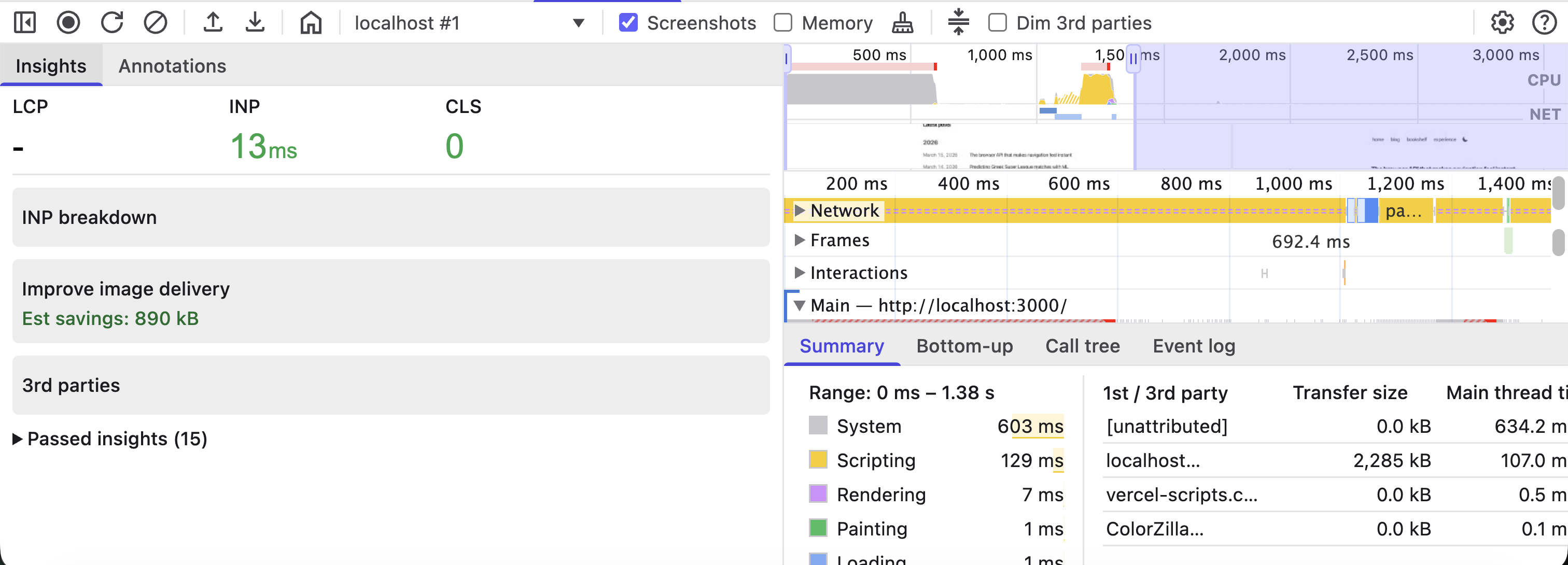 Chrome DevTools Performance panel without prerendering: 13ms INP, 692ms frame time, 129ms scripting, and 2,285 kB transferred over the network.