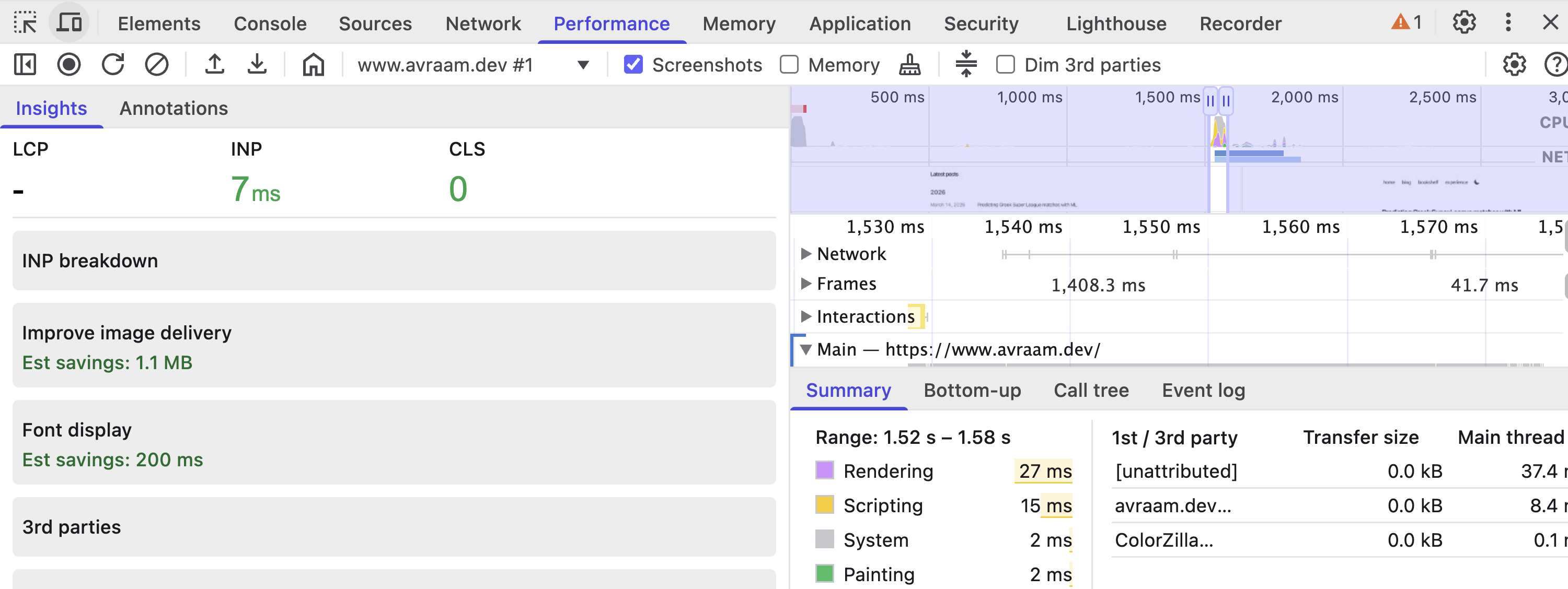 Chrome DevTools Performance panel with prerendering: 7ms INP, 0 CLS, 27ms rendering, 15ms scripting, and 0.0 kB transfer size.